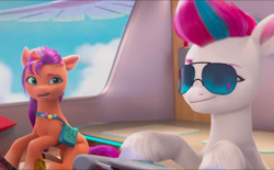 Size: 2166x1346 | Tagged: safe, screencap, sunny starscout, zipp storm, earth pony, pegasus, pony, g5, mane smelody, my little pony: make your mark, my little pony: make your mark chapter 5, spoiler:g5, aviator sunglasses, cloud, female, mare, marestream, sky, sunglasses