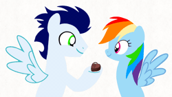 Size: 1920x1080 | Tagged: safe, artist:mlplary6, rainbow dash, soarin', pegasus, pony, g4, animated, boyfriend and girlfriend, chocolate, eating, feeding, female, food, gif, heart, looking at each other, looking at someone, love, male, mare, ship:soarindash, shipping, simple background, smiling, smiling at each other, stallion, straight