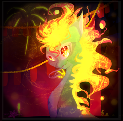 Size: 2000x1968 | Tagged: safe, artist:despairbreaker, tianhuo (tfh), dragon, hybrid, longma, them's fightin' herds, community related, female, festival, fire, mane of fire, solo