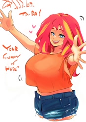 Size: 1400x2000 | Tagged: safe, artist:sozglitch, sunset shimmer, human, g4, big breasts, breasts, busty sunset shimmer, clothes, daisy dukes, dialogue, female, heart, huge breasts, humanized, incoming hug, open arms, open mouth, open smile, shorts, simple background, smiling, solo, talking to viewer, white background