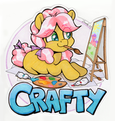 Size: 1734x1836 | Tagged: safe, artist:dandy, kettle corn, earth pony, pony, badge, con badge, copic, cute, eye clipping through hair, female, filly, foal, hair tie, kettlebetes, lying down, paint, paintbrush, painting, palette, pigtails, solo, text, traditional art