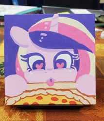 Size: 1752x2048 | Tagged: safe, artist:dandy, princess cadance, pony, g4, acrylic painting, female, food, heart, heart eyes, horn, mare, peetzer, pizza, solo, tongue out, traditional art, wingding eyes