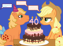 Size: 1920x1400 | Tagged: safe, artist:ahsokafan100, applejack, applejack (g1), earth pony, pony, mlp fim's thirteenth anniversary, g1, g4, 40th anniversary, anniversary, anniversary art, applejack is not amused, applejack's hat, birthday cake, birthday candles, blue background, bow, cake, candle, cowboy hat, cute, duo, duo focus, female, food, freckles, frown, g1 jackabetes, generational ponidox, hat, implied rarity, jackabetes, mare, offscreen character, party hat, self paradox, self ponidox, signature, silly, silly pony, simple background, sitting, speech bubble, stetson, table, tail, tail bow, talking, unamused, varying degrees of want, who's a silly pony