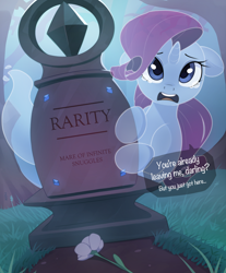 Size: 2958x3567 | Tagged: safe, artist:nookprint, rarity, ghost, ghost pony, pony, undead, unicorn, g4, attention horse, dialogue, female, flower, grass, gravestone, high res, horn, looking at you, looking up, mare, marshmelodrama, night, open mouth, rarity being rarity, solo, speech bubble, talking, teary eyes, tomb, tree