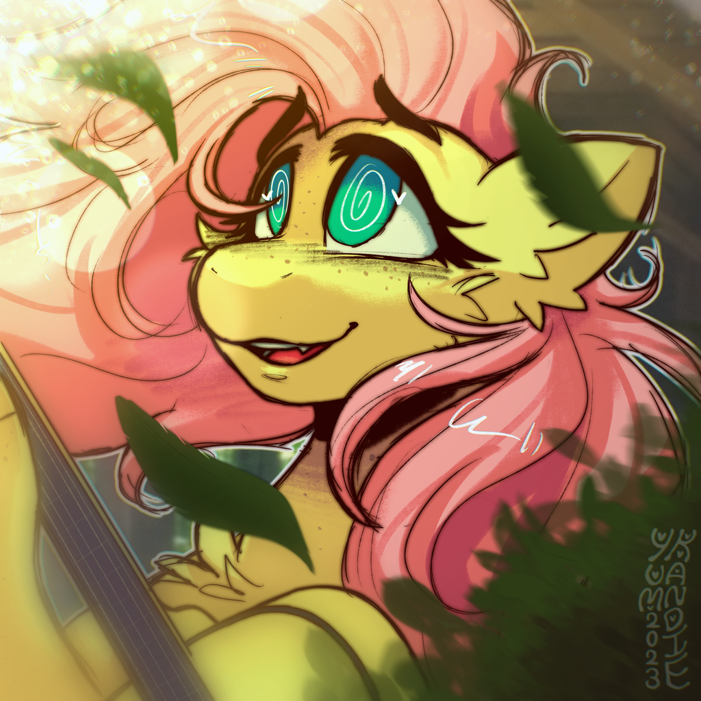 [cute,fangs,fluttershy,freckles,guitar,high res,leaves,open mouth,pegasus,pony,safe,solo,swirly eyes,windswept mane,wingding eyes,cute little fangs,musical instrument,smiling,open smile,artist:yumkandie]