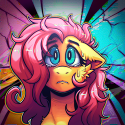 Size: 3500x3500 | Tagged: safe, artist:yumkandie, fluttershy, pegasus, pony, g4, abstract background, bust, cheek fluff, crying, female, floppy ears, freckles, full face view, high res, looking at you, mare, portrait, solo, sweat, teary eyes