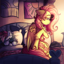 Size: 3500x3500 | Tagged: safe, artist:yumkandie, fluttershy, rainbow dash, pegasus, pony, g4, alternate cutie mark, bed, bedroom, duo, female, fluttershy's bedroom, fluttershy's cottage, freckles, high res, lesbian, lying down, piercing, scar, ship:flutterdash, shipping, sitting, sleeping