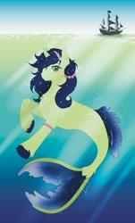 Size: 2480x4102 | Tagged: safe, artist:themstap, oc, mermaid, merpony, seapony (g4), unicorn, blue mane, blue tail, blushing, bubble, crepuscular rays, digital art, dorsal fin, female, fin, fish tail, flowing mane, flowing tail, green eyes, horn, looking at you, mare, ocean, seaponified, smiling, smiling at you, solo, species swap, sunlight, swimming, tail, underwater, unshorn fetlocks, water