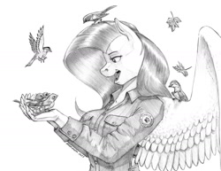 Size: 1400x1083 | Tagged: safe, artist:baron engel, fluttershy, bird, pegasus, anthro, g4, female, leaves, mare, monochrome, pencil drawing, simple background, solo, traditional art, white background