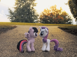 Size: 3534x2650 | Tagged: safe, artist:natsnaps, rarity, twilight sparkle, alicorn, pony, g4, bush, duo, female, grass, high res, horn, horns are touching, irl, lesbian, outdoors, path, photo, plushie, ship:rarilight, shipping, sky, sunset, tree, twilight sparkle (alicorn)