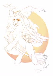 Size: 2480x3508 | Tagged: safe, artist:themstap, bat, pony, any gender, any race, any species, broom, commission, digital art, flying, flying broomstick, halloween, hat, high res, holiday, moon, open mouth, open smile, sketch, smiling, solo, witch, witch hat, your character here