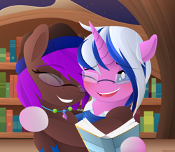 Size: 2300x2000 | Tagged: safe, artist:andaluce, oc, oc only, oc:alto legato, pegasus, pony, unicorn, book, cute, duo, glasses, high res, hug, jewelry, library, lineless, necklace, smiling