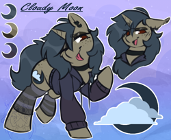 Size: 616x503 | Tagged: safe, artist:drawtheuniverse, oc, oc:cloudy moon, pony, unicorn, :p, abstract background, blushing, choker, clothes, cloud, cutie mark, female, freckles, hoodie, jewelry, leggings, moon, neet, one eye closed, reference sheet, solo, text, tongue out, wink