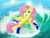 Size: 2160x1620 | Tagged: safe, artist:boneappleteeth, fluttershy, pegasus, pony, g4, cheek squish, frog (hoof), ocean, one eye closed, painting, pool toy, smiling, solo, squishy cheeks, underhoof, water