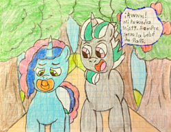 Size: 2928x2265 | Tagged: safe, artist:bitter sweetness, alphabittle blossomforth, misty brightdawn, pony, unicorn, g5, abdl, adult foal, blue sky, diaper, diaper fetish, duo, father and child, father and daughter, female, fetish, forest, graph paper, grass, green eyes, high res, horn, male, non-baby in diaper, open mouth, open smile, pacifier, pink eyes, smiling, spanish, spanish text, stallion, traditional art, translated in the description