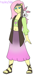 Size: 1351x2652 | Tagged: safe, artist:hayley566, angel bunny, fluttershy, rabbit, equestria girls, g4, animal, belly button, clothes, commission, cute, eyes closed, feet, female, headband, hippie, hippieshy, jewelry, male, midriff, necklace, open mouth, sandals, shirt, shyabetes, simple background, skirt, solo, transparent background, vest