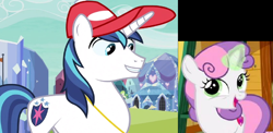 Size: 1416x691 | Tagged: safe, edit, edited screencap, screencap, shining armor, sweetie belle, pony, unicorn, g4, games ponies play, cropped, female, filly, male, side by side, stallion, sweetie belle's cutie mark