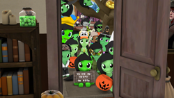 Size: 1920x1080 | Tagged: safe, artist:omegacannon animations, oc, oc:filly anon, bag, book, bookshelf, candle, candy bag, clothes, costume, door, doorway, female, filly, foal, green eyes, halloween, hat, holiday, jar, pumpkin, pumpkin bucket, sign, sunglasses, tree, trick or treat