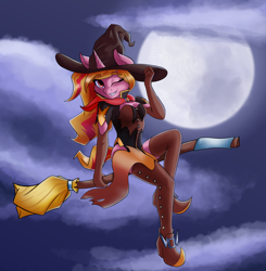 Size: 2384x2432 | Tagged: safe, artist:qbellas, oc, oc only, unicorn, anthro, anthro oc, boots, broom, cape, clothes, female, high res, looking at you, moon, shoes, solo, witch