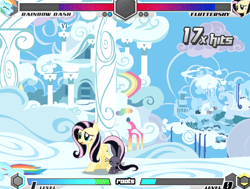 Size: 628x475 | Tagged: safe, angel bunny, fluttershy, rainbow dash, pegasus, pony, rabbit, fighting is magic, g4, animal, cloudsdale, duo focus, emo, emoshy, female, mare, offscreen character, palette swap, recolor, story mode