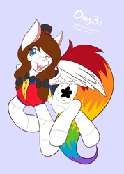Size: 1462x2048 | Tagged: safe, artist:mscolorsplash, oc, oc only, oc:color splash, pegasus, pony, blue background, bowtie, clothes, concave belly, costume, female, hat, mare, nightmare night costume, one eye closed, open mouth, open smile, ponytober, simple background, smiling, solo, top hat