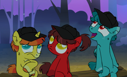 Size: 1262x766 | Tagged: safe, artist:fuckomcfuck, edit, edited screencap, screencap, oc, oc:go, oc:stop, oc:wait, earth pony, pegasus, pony, unicorn, forest, hat, siblings, traffic light triplets, triplets