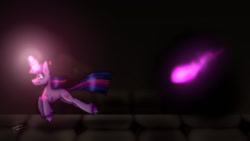 Size: 1280x720 | Tagged: safe, artist:isidoratubby, twilight sparkle, demon, pony, unicorn, g4, bricks, chase, dark, dark magic, dungeon, duo, entity, eye mist, fan game, female, glowing, glowing eyes, glowing eyes of doom, glowing horn, horn, leaping, magic, not king sombra, not sombra, not umbrum, running, scared, shadow creature, signature, twilight escape, twilight's escape, unicorn twilight