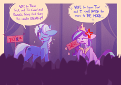 Size: 2000x1400 | Tagged: safe, artist:scribble-potato, starlight glimmer, trixie, pony, unicorn, g4, alternate hairstyle, braid, cross-popping veins, crowd, dialogue, duo, duo focus, emanata, equal cutie mark, female, hoof hold, mare, ponytober, sign, silhouette, speech bubble, starlight glimmer is best facemaker, starlight glimmer is not amused, trixie is amused, unamused