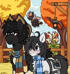Size: 1331x1392 | Tagged: safe, artist:stablegrass, oc, oc only, oc:autumn harvest, oc:milly, oc:peppercorn, oc:stable, bat pony, earth pony, pony, pony town, ahoge, blushing, bush, buttons, choker, clothes, cloud, coat markings, collar, cowboy, cowboy hat, exosuit, female, fence, flying, hat, heart monitor, lantern, looking up, male, mare, markings, pins, scarf, sky, socks (coat markings), stallion, standing, striped scarf, tree, walking