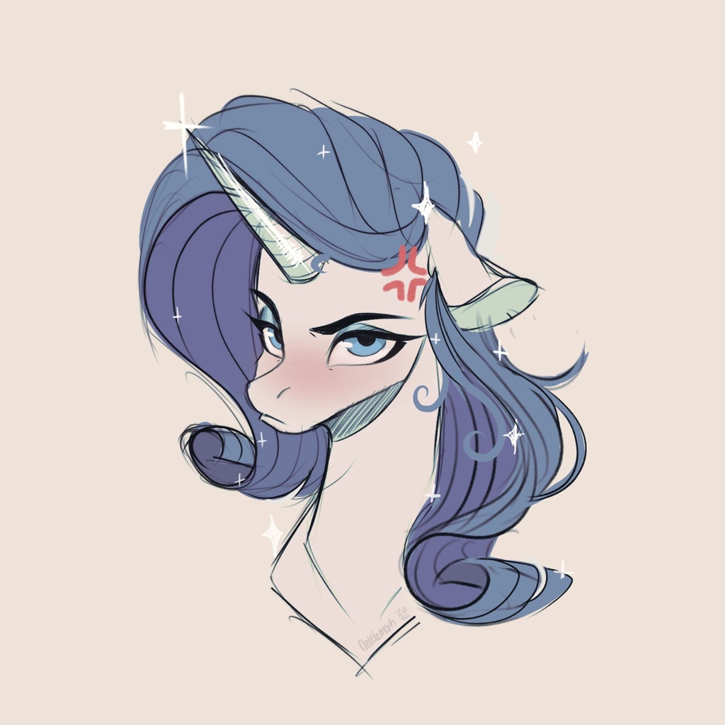 [blushing,bust,female,floppy ears,frown,looking at you,mare,pony,rarity,safe,solo,sparkles,unamused,unicorn,rarity is not amused,cross-popping veins,emanata,narrowed eyes,artist:nettlemoth]