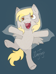 Size: 1183x1577 | Tagged: safe, artist:emptygoldstudio, derpy hooves, pegasus, pony, g4, bipedal, blue background, clothes, costume, cute, derpabetes, female, ghost costume, halloween, halloween costume, looking at you, mare, open mouth, open smile, simple background, smiling, solo, spread hooves, standing, standing on one leg
