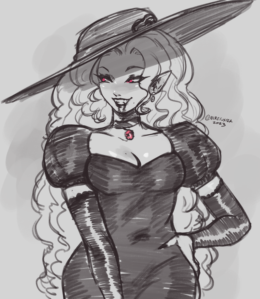 [blood,breasts,choker,cleavage,clothes,dress,equestria girls,eyeshadow,fangs,gloves,grin,hat,lipstick,makeup,monochrome,nail polish,safe,sketch,undead,vampire,sun hat,adagio dazzle,evening gloves,hand on hip,smiling,detached sleeves,long gloves,artist:nire,lady dimitrescu]