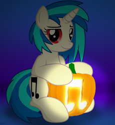 Size: 6078x6600 | Tagged: safe, artist:agkandphotomaker2000, dj pon-3, vinyl scratch, pony, unicorn, g4, halloween, halloween 2023, holiday, light, looking at you, nightmare night, pumpkin, pumpkin carving, red eyes, show accurate, simple background, solo