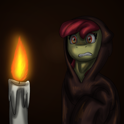 Size: 1695x1695 | Tagged: safe, artist:erinh18, apple bloom, earth pony, pony, g4, brown background, candle, clothes, female, filly, foal, robe, simple background, solo