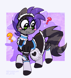 Size: 1981x2158 | Tagged: safe, artist:opossum-stuff, oc, oc only, oc:maxfloof, hyena, pony, blushing, clothes, eyelashes, female, maid, male to female, mare, post-transformation, rule 63, solo, stockings, surprised, thigh highs, transformation, transgender transformation