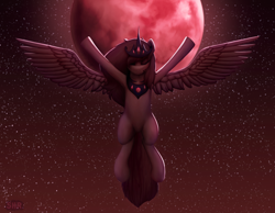 Size: 3000x2328 | Tagged: safe, artist:suhar, oc, oc:bea adversaria, alicorn, pony, blood moon, crown, eyes closed, female, flying, full moon, high res, horn, jewelry, mare, moon, night, regalia, solo, spread wings, tail, wings