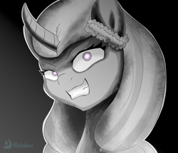 Size: 3580x3080 | Tagged: safe, artist:reinbou, opaline arcana, alicorn, pony, g5, curved horn, glowing, glowing eyes, grin, high res, horn, looking at you, manga style, monochrome, simple background, smiling, solo