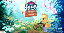 Size: 1920x1014 | Tagged: safe, artist:benjamin dupouy, budge studios, applejack, butterfly, g4, official, applejack's hat, concept art, cowboy hat, crystal, flower, game, garden, hat, magic garden, my little pony magic garden, plant, rake, school of friendship, shovel, wagon, watering can, what could have been