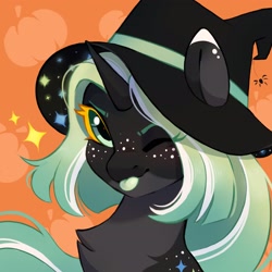 Size: 2972x2972 | Tagged: safe, artist:melodylibris, oc, oc only, oc:emilien, pony, unicorn, bust, chest fluff, colored eartips, colored eyebrows, colored eyelashes, colored tongue, eye clipping through hair, female, freckles, halloween, hat, high res, holiday, looking at you, mare, one eye closed, orange background, pale belly, pumpkin, simple background, solo, tongue out, wink, winking at you, witch hat