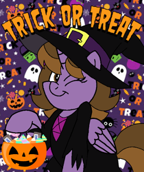 Size: 600x714 | Tagged: safe, artist:noi kincade, oc, oc only, oc:princess kincade, alicorn, pony, clothes, costume, female, halloween, halloween costume, hat, holiday, one eye closed, pumpkin bucket, solo, trick or treat, wink, witch, witch hat