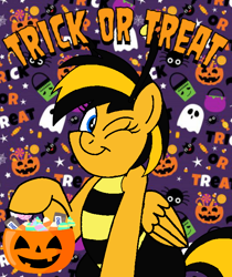 Size: 600x714 | Tagged: safe, artist:noi kincade, oc, oc only, oc:flare spark, bee, bumblebee, pegasus, pony, clothes, costume, female, halloween, halloween costume, holiday, one eye closed, solo, trick or treat, wink