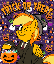 Size: 600x714 | Tagged: safe, artist:noi kincade, oc, oc:firey ratchet, pegasus, pony, clothes, costume, halloween, holiday, l.a. noire, male, one eye closed, pumpkin bucket, solo, trick or treat, wink