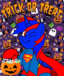 Size: 600x714 | Tagged: safe, artist:noi kincade, oc, oc only, oc:stephen (stephen-fisher), alicorn, big cat, pony, clothes, costume, dc comics, halloween, halloween costume, holiday, male, needs more saturation, one eye closed, pumpkin bucket, solo, superman, trick or treat, wink