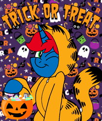 Size: 600x714 | Tagged: safe, artist:noi kincade, oc, oc:train track, cat, pony, unicorn, bucket, clothes, costume, garfield, halloween, halloween costume, holiday, one eye closed, solo, trick or treat, wink