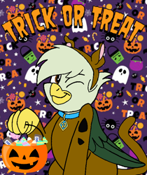 Size: 600x714 | Tagged: safe, artist:noi kincade, oc, oc only, oc:gregory griffin, dog, griffon, clothes, costume, halloween, halloween costume, holiday, male, one eye closed, pumpkin bucket, scooby-doo, scooby-doo!, solo, trick or treat, wink