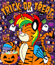 Size: 600x714 | Tagged: safe, artist:noi kincade, oc, oc only, oc:shield wing, alicorn, big cat, pony, tiger, clothes, costume, halloween, halloween costume, holiday, one eye closed, pumpkin bucket, solo, wink