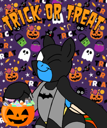 Size: 600x714 | Tagged: safe, artist:noi kincade, oc, oc only, oc:prince scarab, pony, batman, clothes, costume, dc comics, halloween, halloween costume, holiday, one eye closed, solo, trick or treat, wink