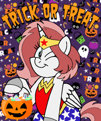 Size: 600x714 | Tagged: safe, artist:noi kincade, oc, oc:lily brush, clothes, costume, dc comics, female, halloween, halloween costume, holiday, one eye closed, pumpkin bucket, solo, trick or treat, wink, wonder woman