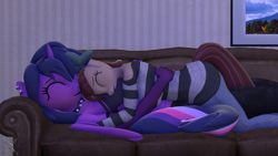 Size: 3840x2160 | Tagged: safe, artist:nightmarezoroark, oc, oc only, oc:midnight sparkle, oc:ze, alicorn, pony, 3d, couch, cuddling, high res, size difference, sleeping, source filmmaker