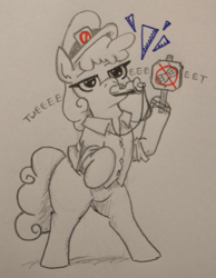 Size: 619x797 | Tagged: safe, artist:jargon scott, oc, oc only, oc:officer nutless, earth pony, pony, 2023, bipedal, blowing whistle, cap, female, grayscale, hat, hoof hold, mare, monochrome, mouth hold, no nut november, partial color, pencil drawing, police officer, sign, traditional art, whistle, whistle necklace